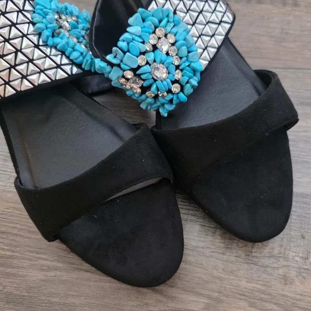 Midnight Velvet Turquoise Crystal Embellished Mule Heels Black Suede Size 12M
